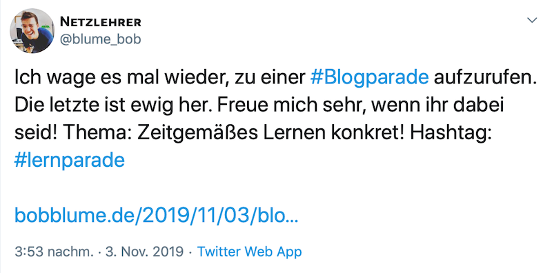 Tweet mit Aufruf zur Blogparade