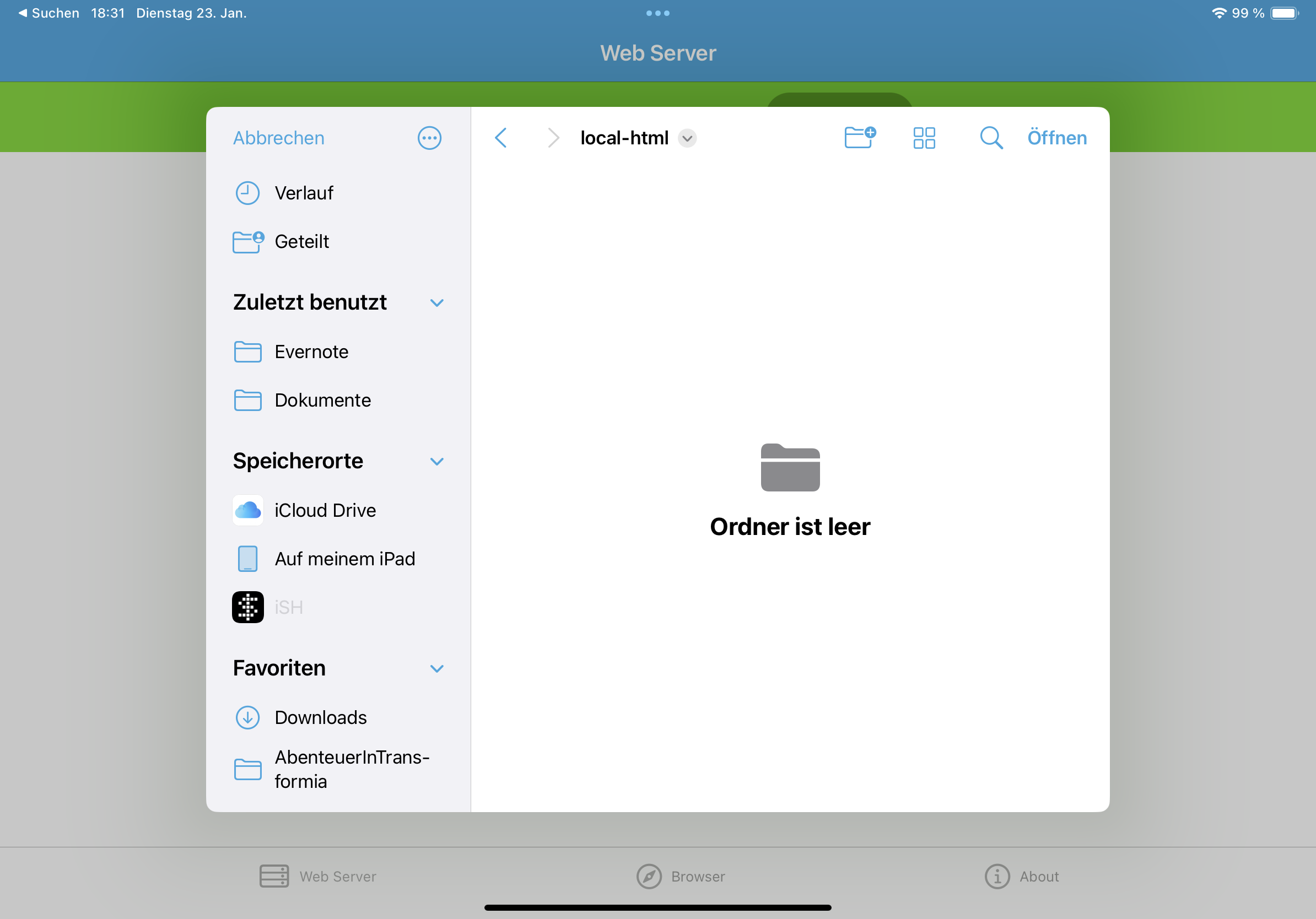 Auswahl des web root in der Server-App