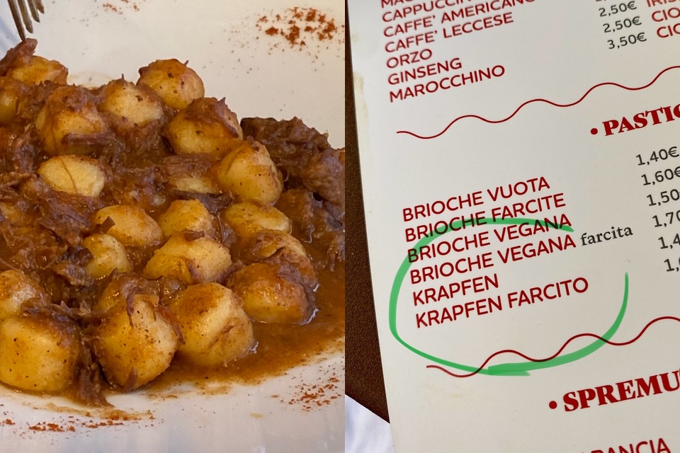 Gnocchini mit Gulasch und Krapfen in Italien